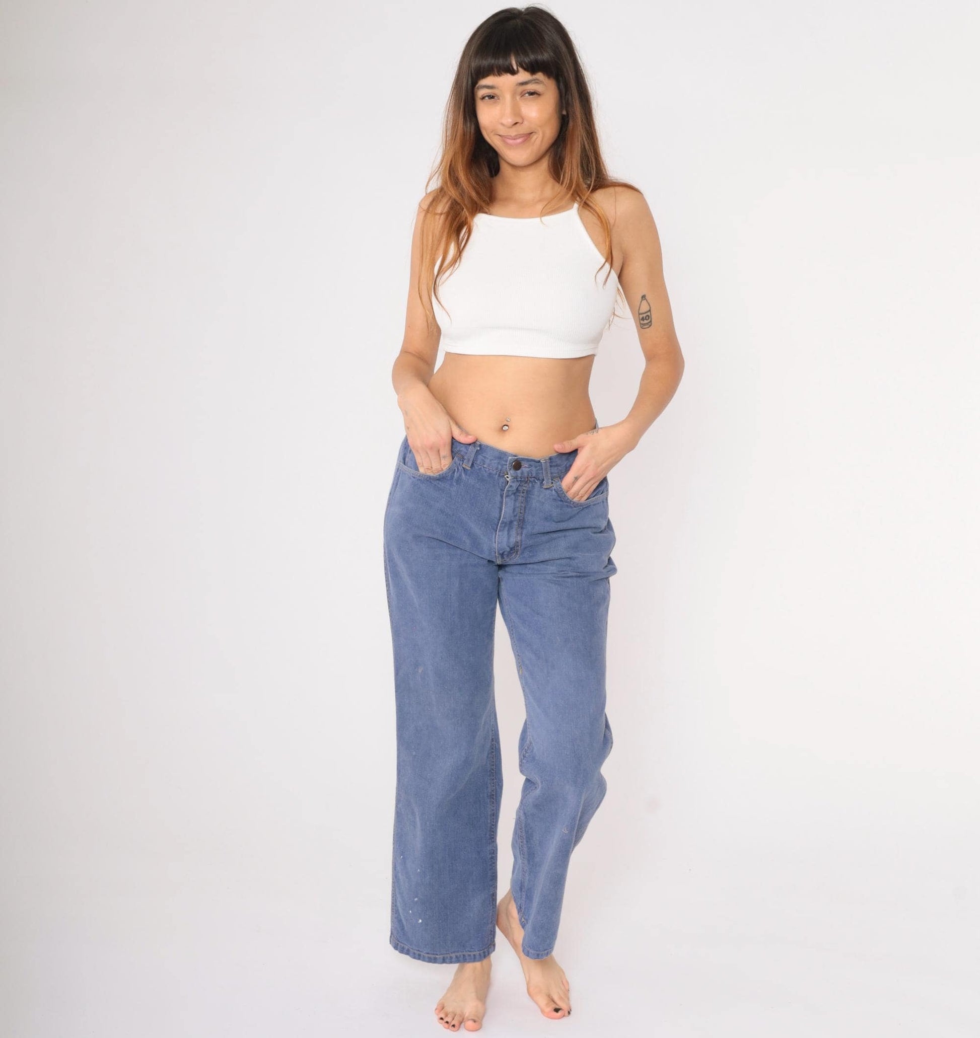 70s Bell Bottom Jeans Denim Mid Rise Blue Jean Team Medium