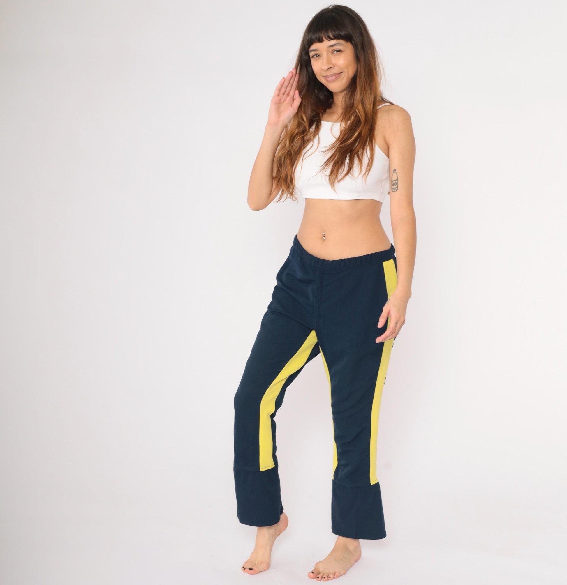 70s Roffe Ski Pants Navy Blue Yellow Striped Flared Snow Pants Medium