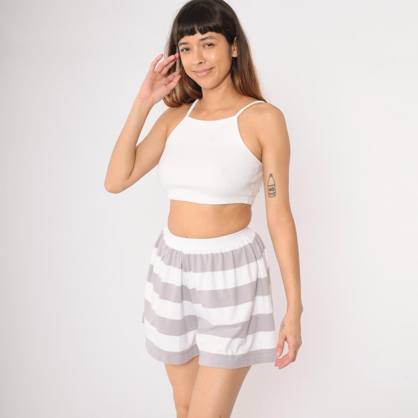 90s Liz Claiborne Striped Shorts Grey White Elastic Waist Cotton XS