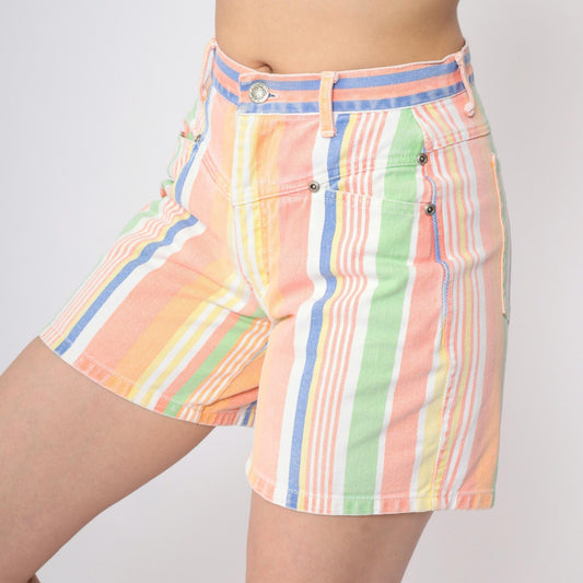90s Good Fellows Rainbow Striped Denim Shorts High Waist Multicolor Extra Small
