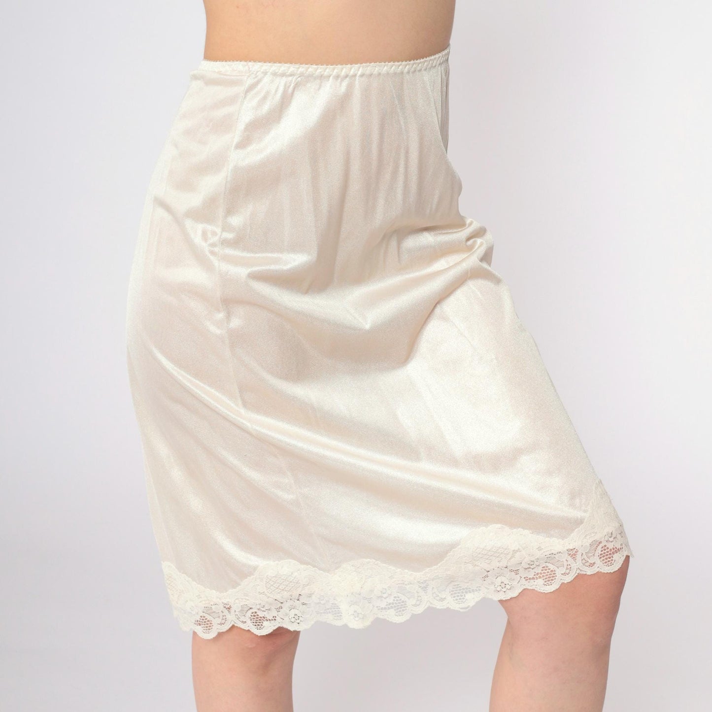 70s Cream Lace Half Slip Skirt Elastic Waist Knee Length Large