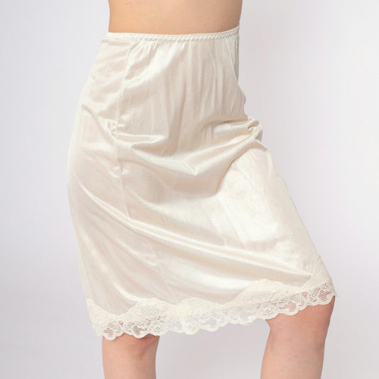 70s Cream Lace Half Slip Skirt Elastic Waist Knee Length Large