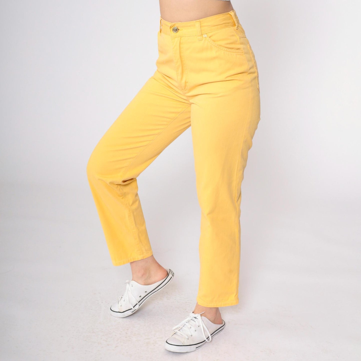 90s Escada Yellow Cotton High-Waisted Slim Trousers Small 29
