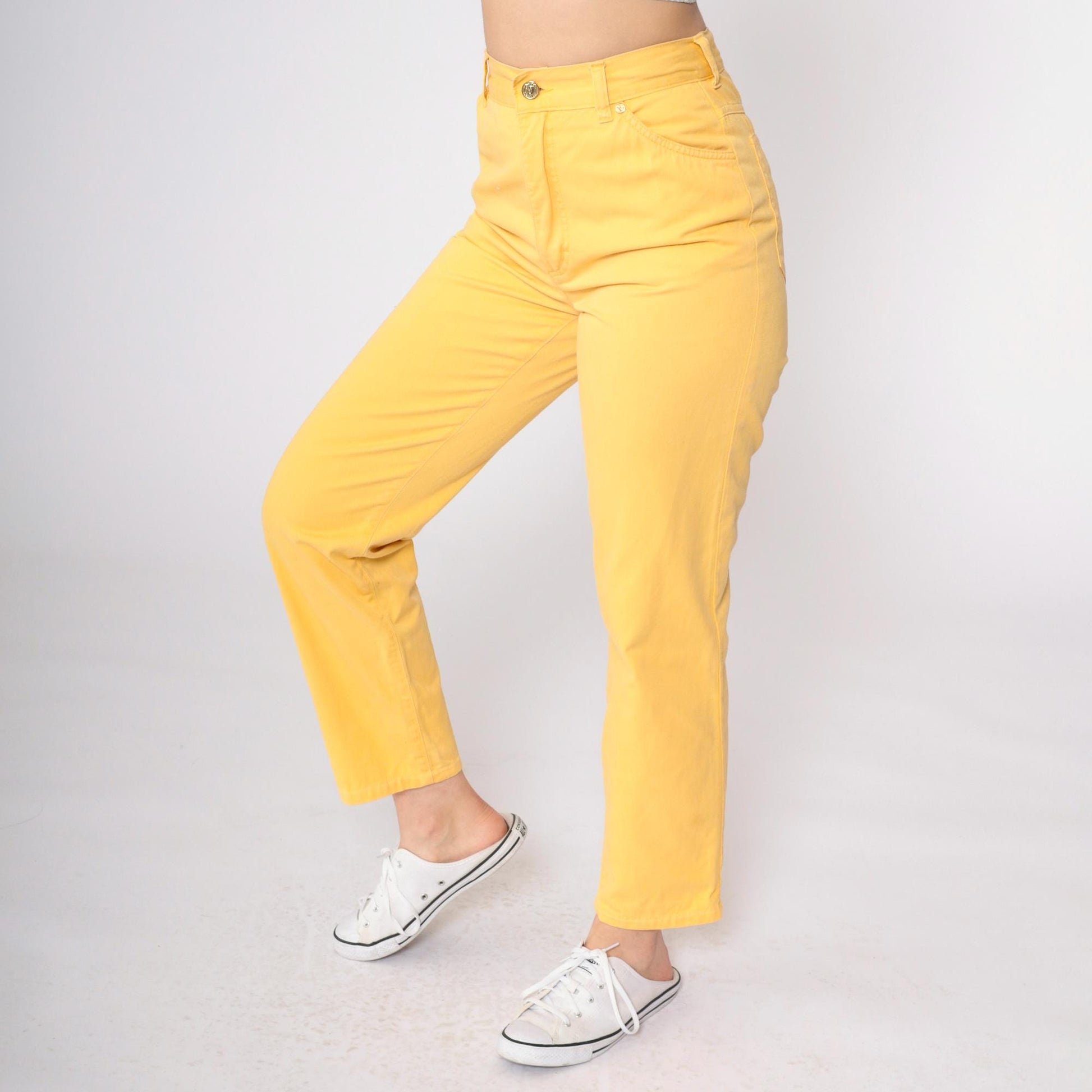 90s Escada Yellow Cotton High-Waisted Slim Trousers Small 29