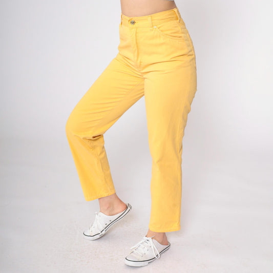 90s Escada Yellow Cotton High-Waisted Slim Trousers Small 29
