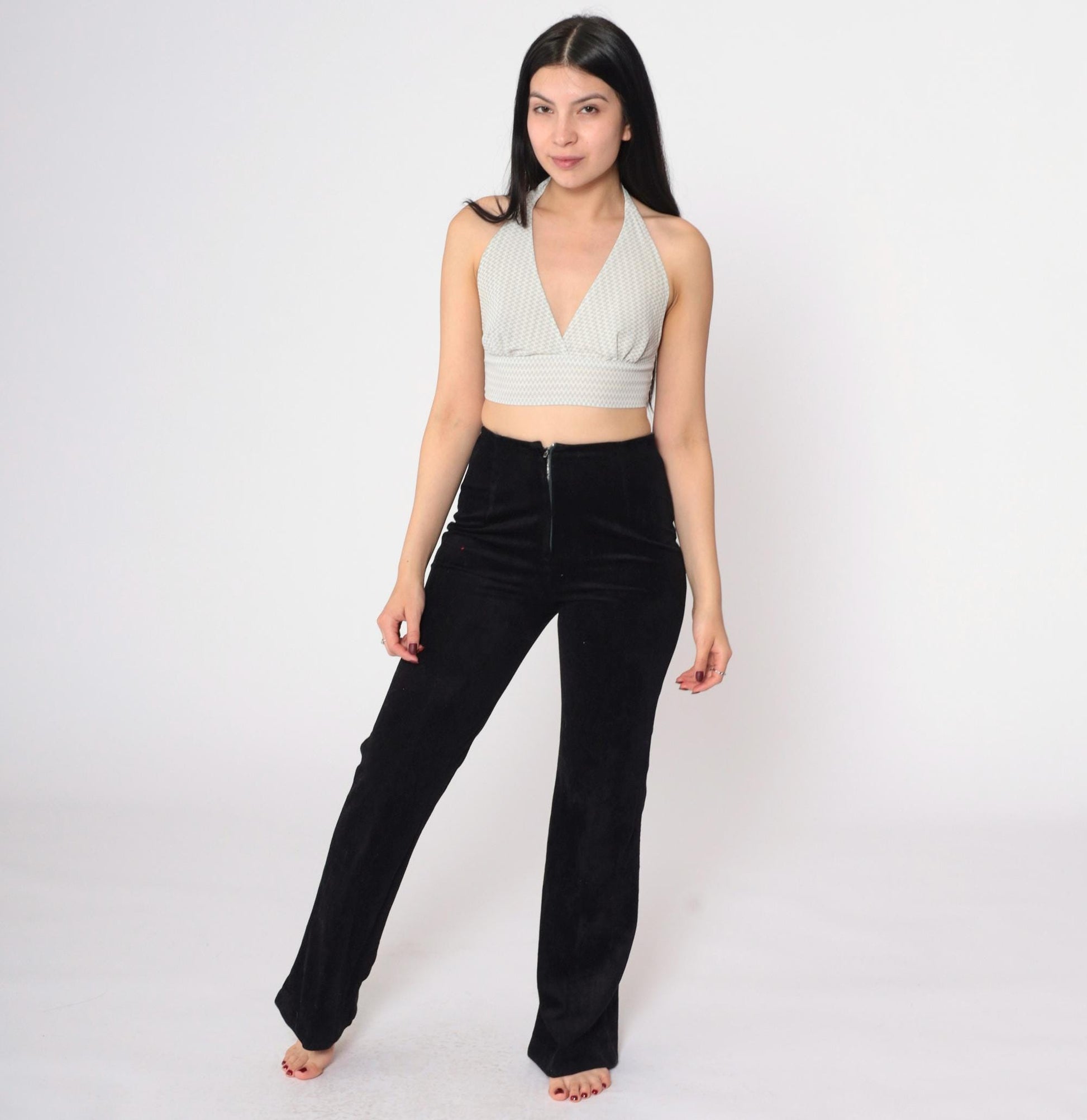 70s Black Velvet Bellbottoms High-Waisted Flared Trousers Small S