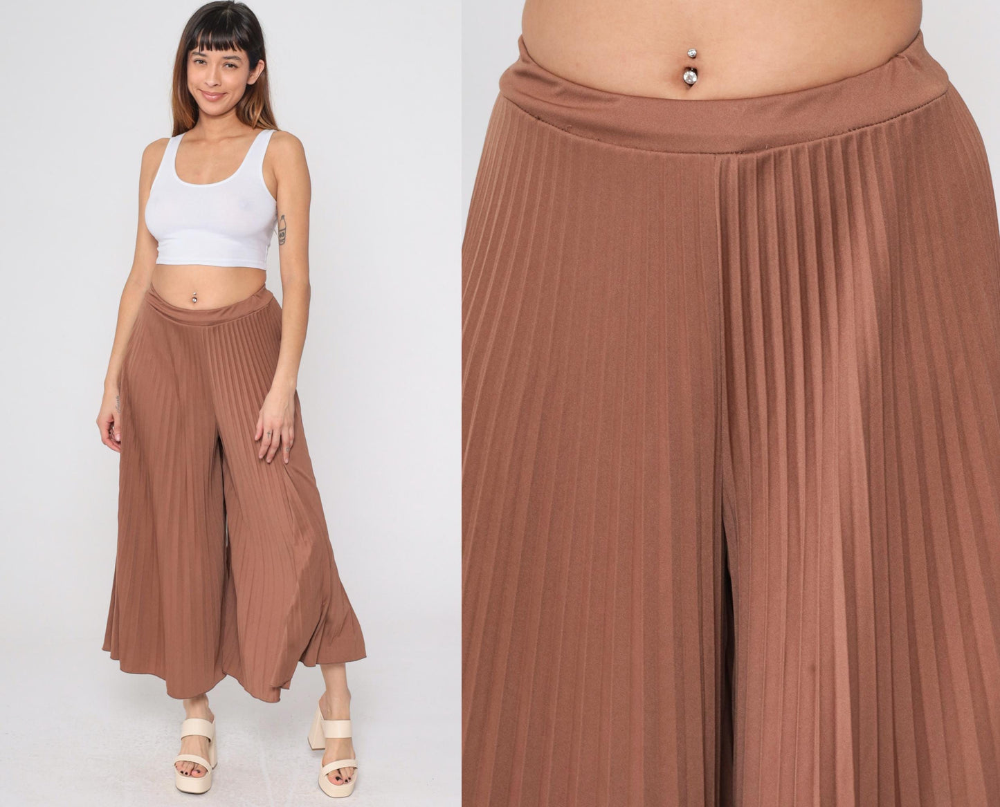 Y2K Brown Pleated Palazzo Pants High Waisted Wide Leg Small Medium