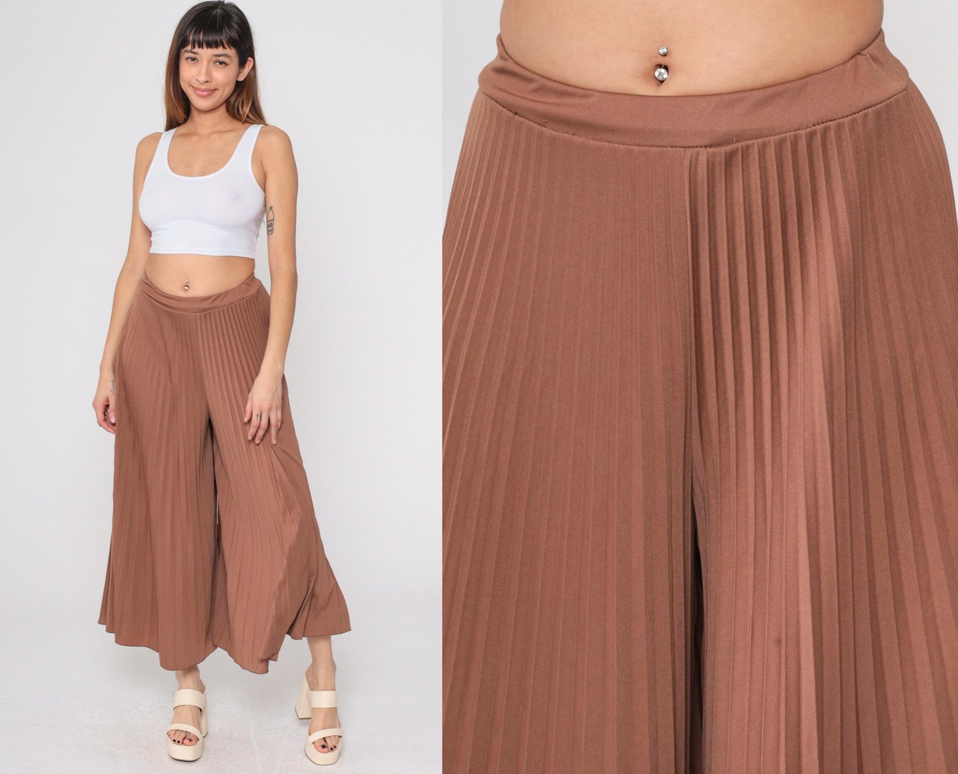 Y2K Brown Pleated Palazzo Pants High Waisted Wide Leg Small Medium