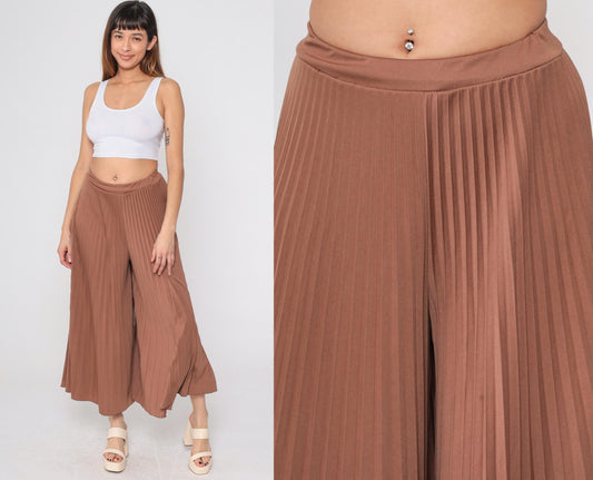 Y2K Brown Pleated Palazzo Pants High Waisted Wide Leg Small Medium