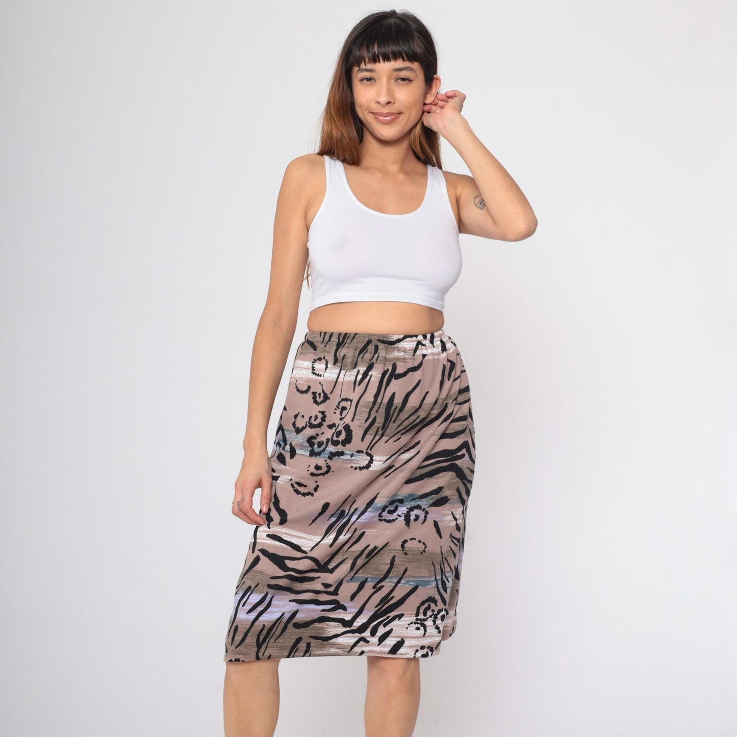 90s Abstract Floral Midi Skirt High Waist Tropical Leaf Print Taupe Small