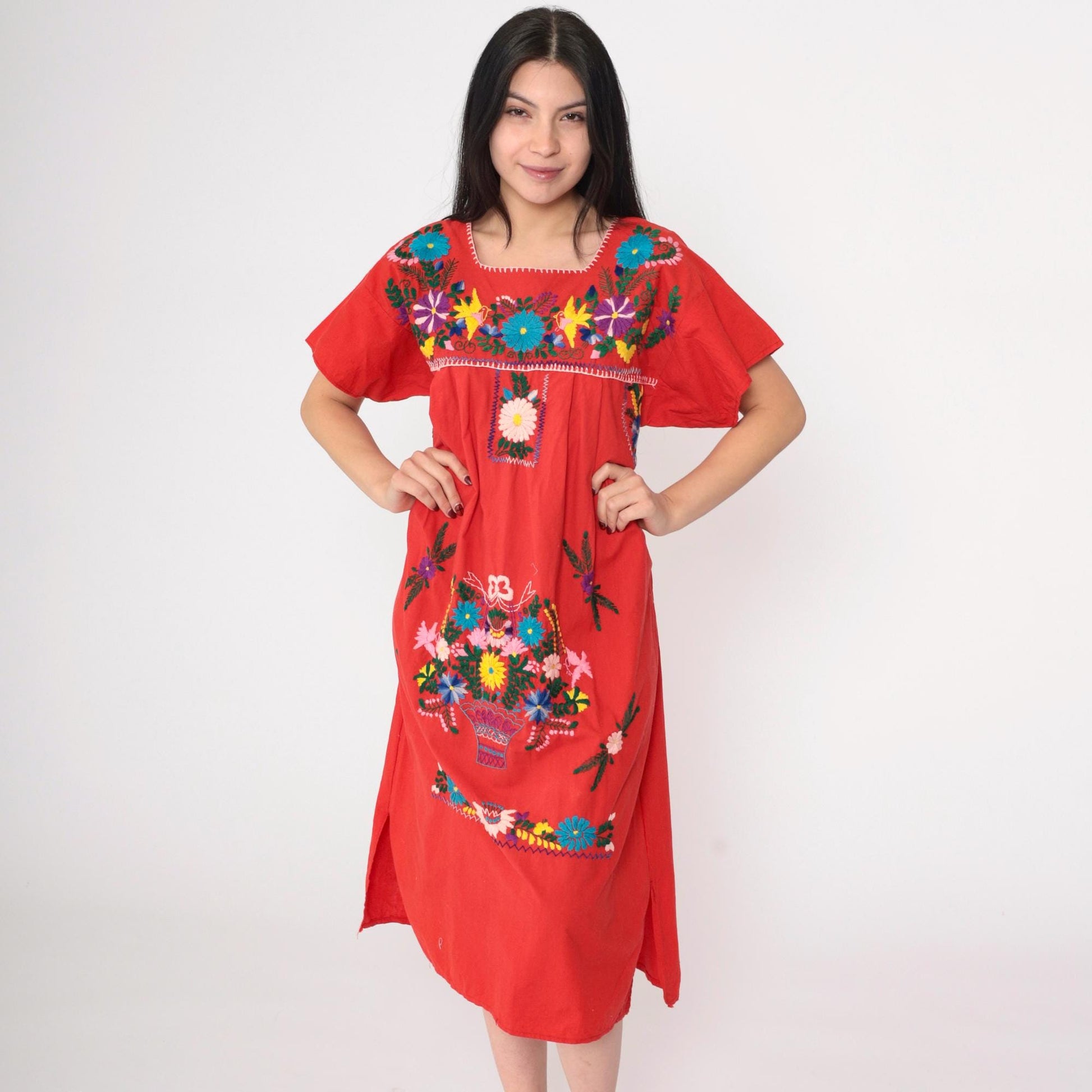 90s Red Mexican Midi Dress Embroidered Floral Short Sleeve Medium