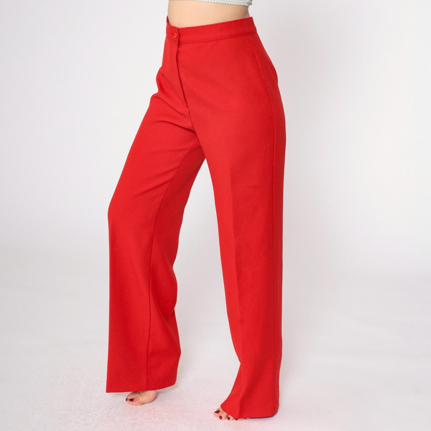 70s Red Straight Leg High Rise Trousers Polyester Vintage Medium