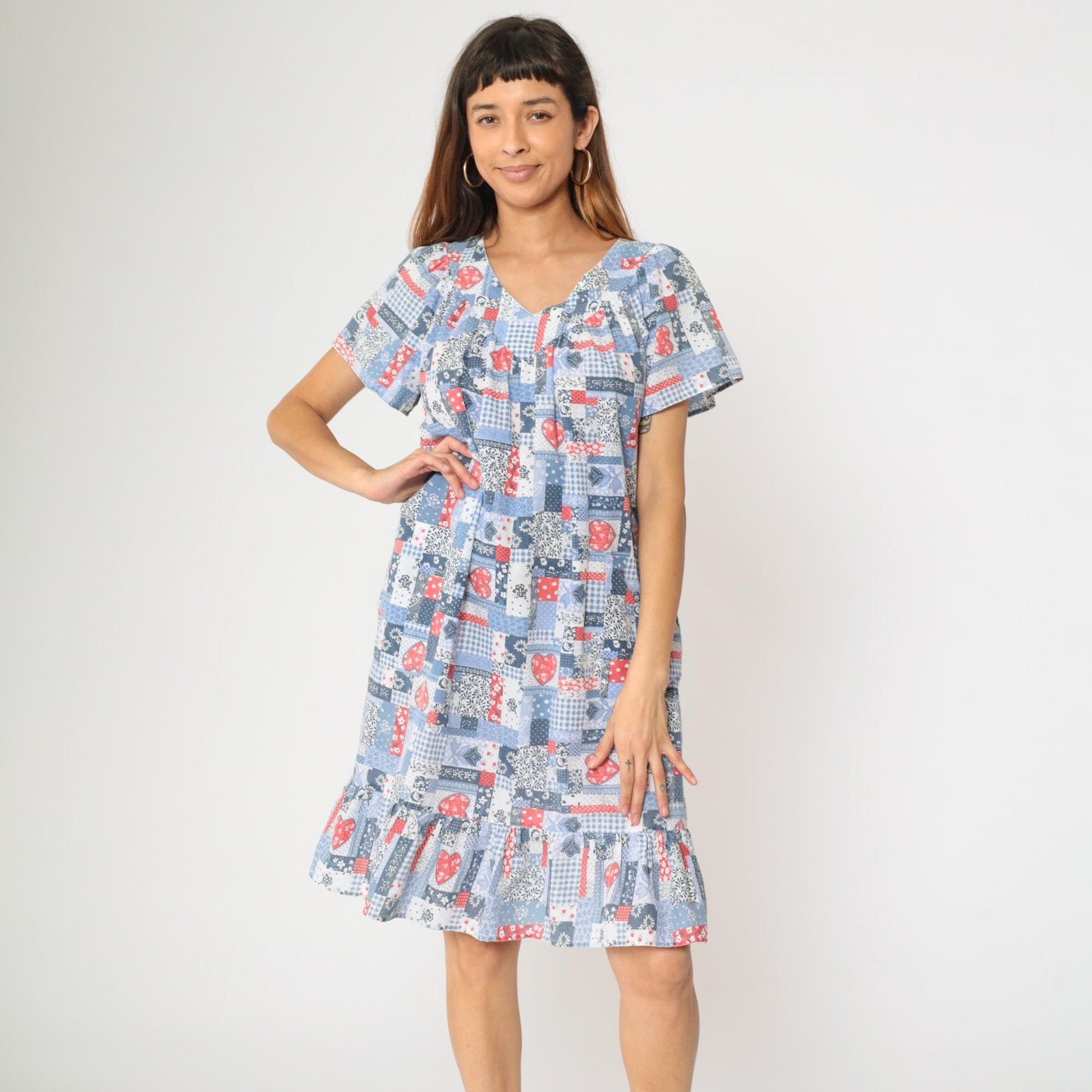 80s Patchwork Floral Heart Print Midi Dress Red White Blue V-Neck Large