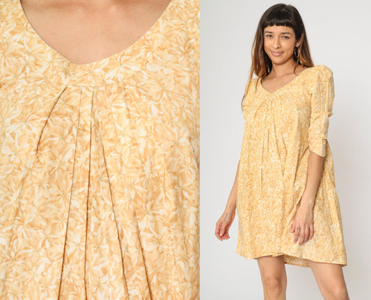 90s Hilo Hattie Hawaiian Yellow Floral Mini Dress Puff Sleeve A-Line Extra Small