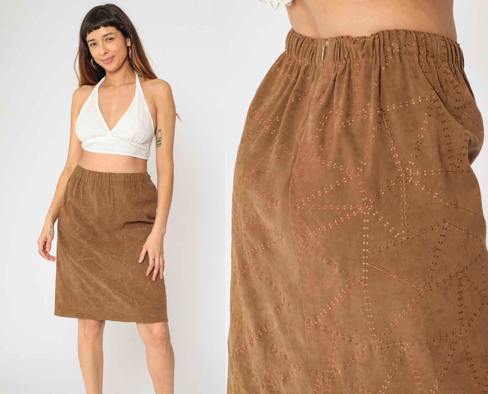 90s Brown Patchwork Faux Suede Pencil Skirt High Waist Small Medium
