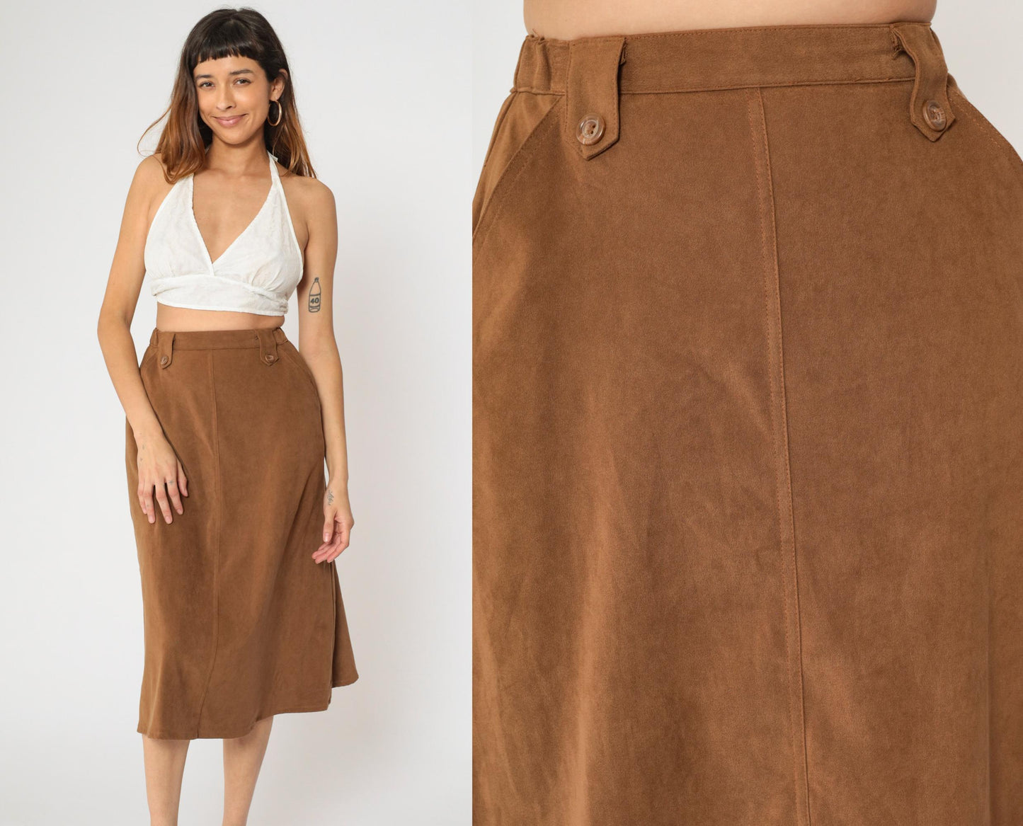 90s Brown A-Line Midi Skirt High Waisted Pockets Small 4P