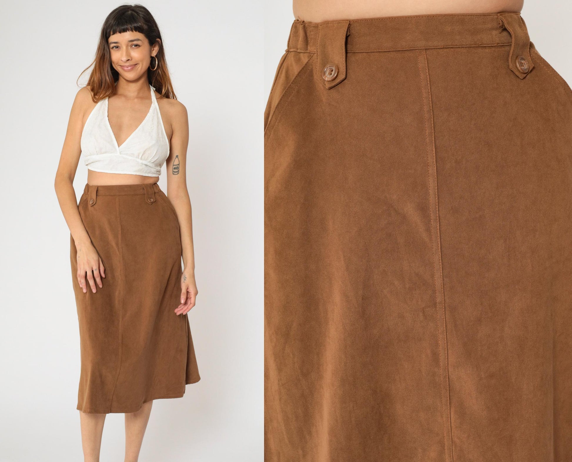 90s Brown A-Line Midi Skirt High Waisted Pockets Small 4P