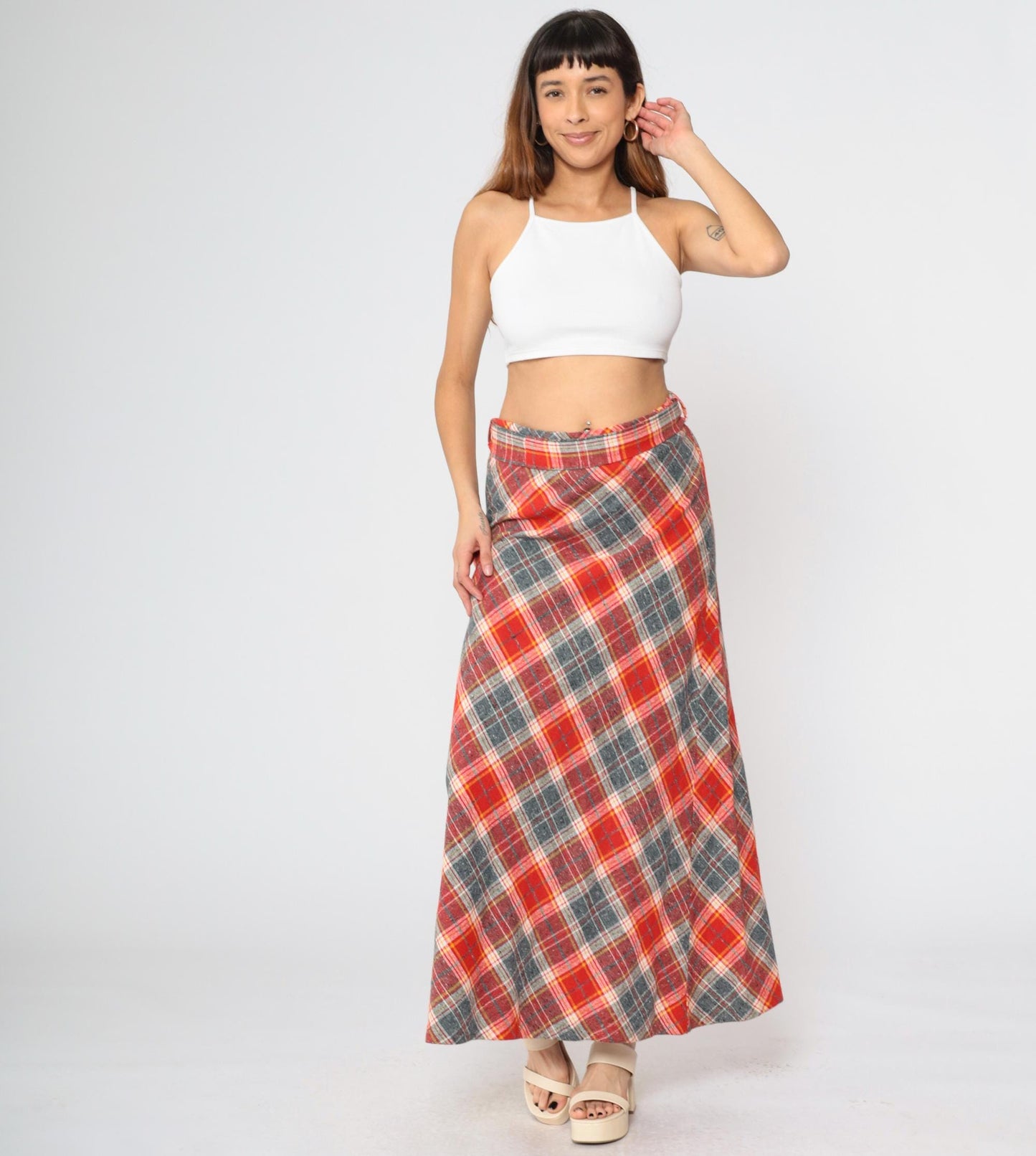 70s Plaid Wool Maxi Skirt High Waist A-Line Red Grey Tartan Medium Large