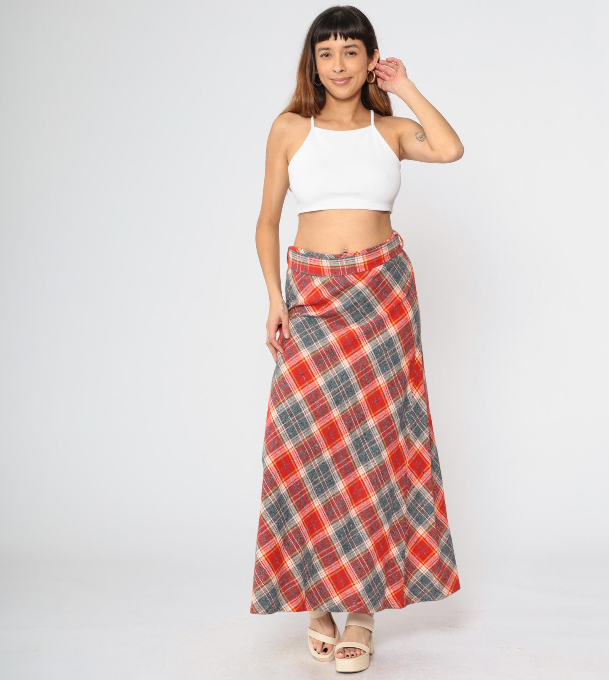 70s Plaid Wool Maxi Skirt High Waist A-Line Red Grey Tartan Medium Large