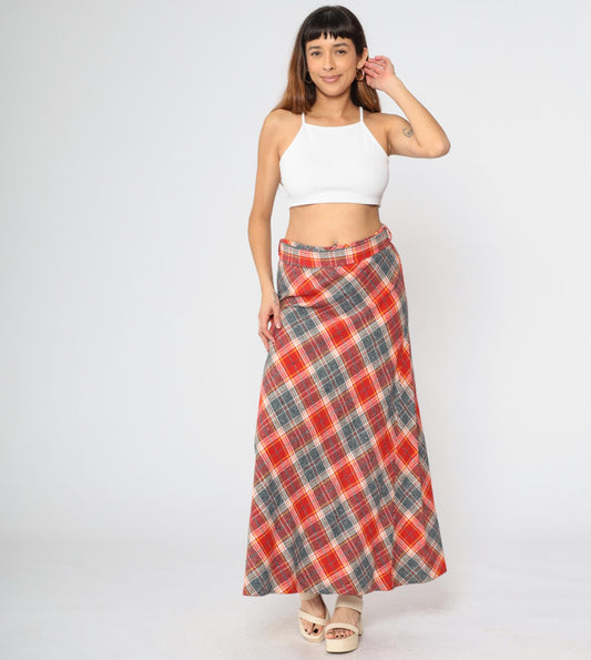 70s Plaid Wool Maxi Skirt High Waist A-Line Red Grey Tartan Medium Large