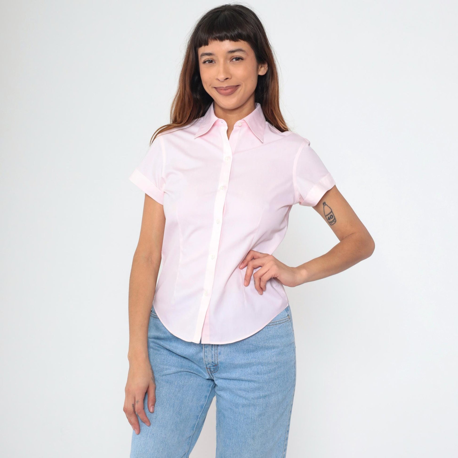 90s Brooks Brothers Baby Pink Cotton Button-Up Blouse Short Sleeve Petite 2P