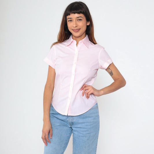 90s Brooks Brothers Baby Pink Cotton Button-Up Blouse Short Sleeve Petite 2P