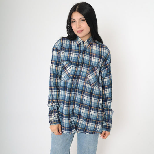90s Ozark Trail Blue Plaid Flannel Shirt Cotton Button-Up Medium