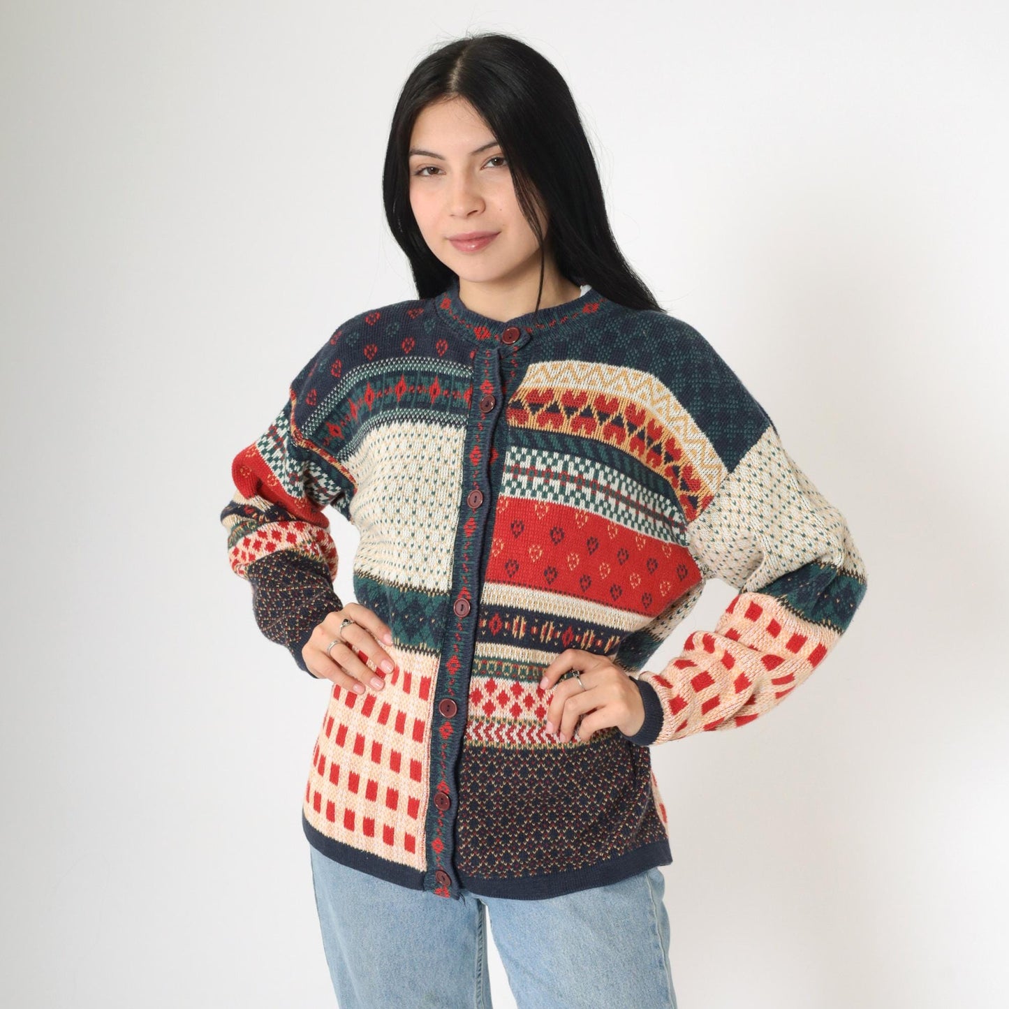 90s Cabin Creek Patchwork Cardigan Checkered Heart Print Button Up Medium
