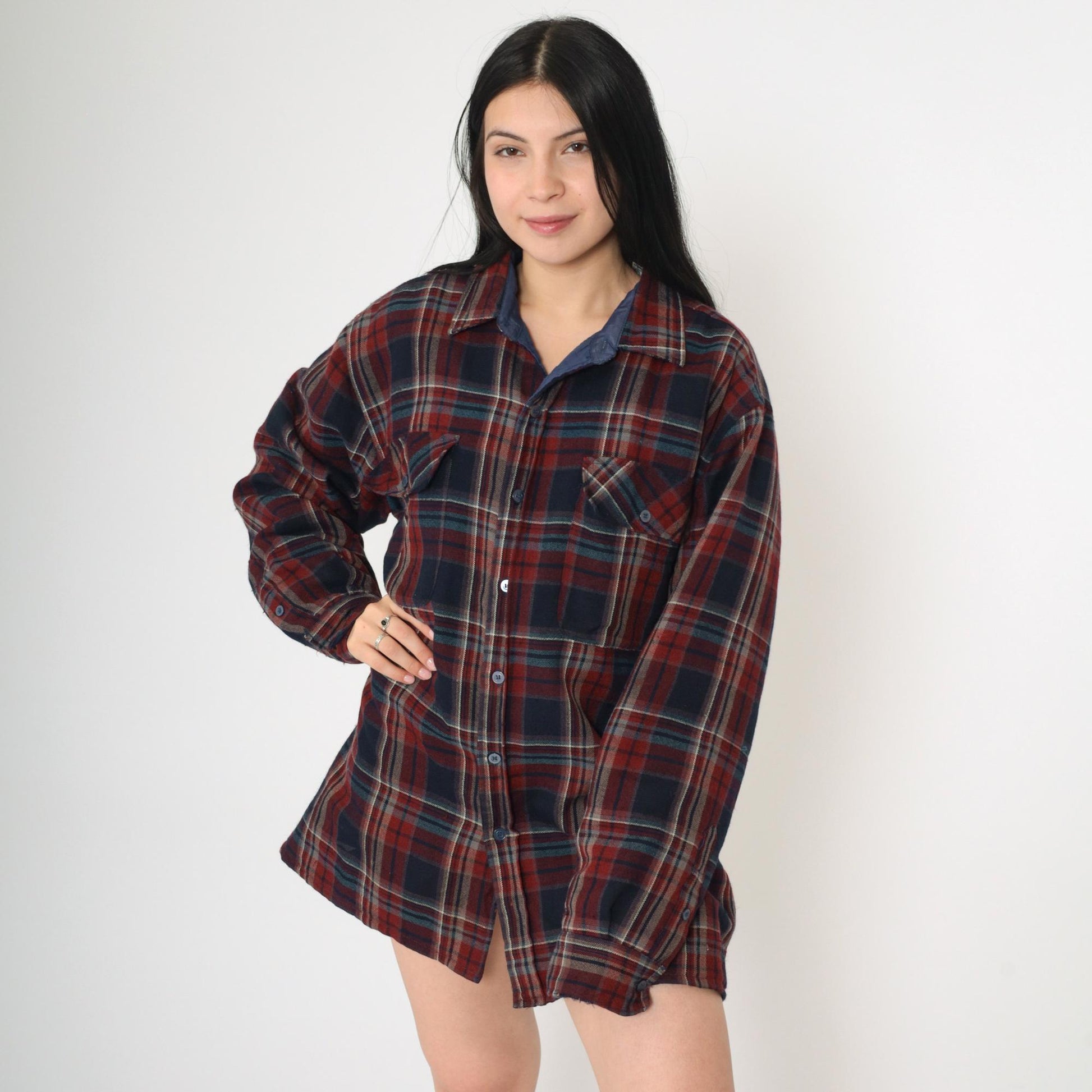 80s TimberTrail Wool Plaid Shirt Quilted Lining Red Navy Button Up Large L