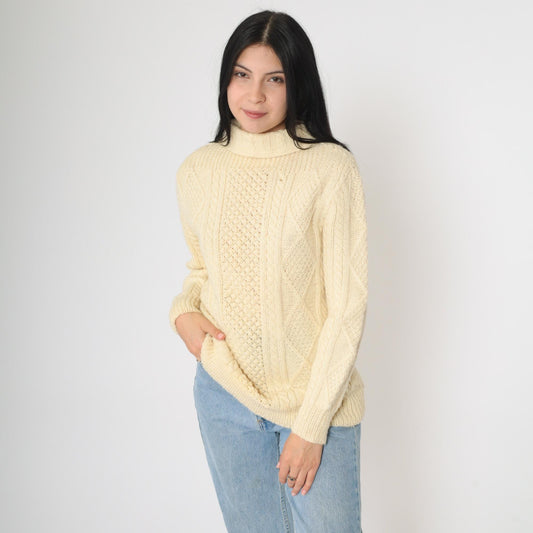 80s Cream Cable Knit Turtleneck Sweater Pullover Small