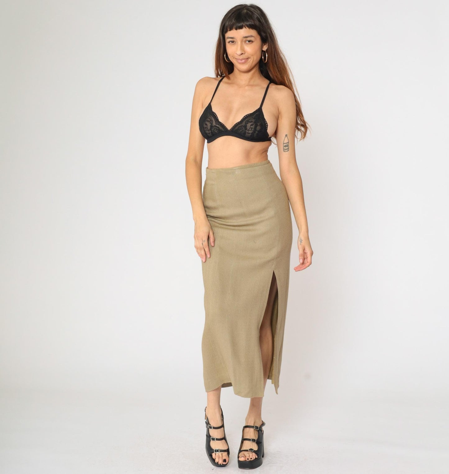 90s Express Khaki Maxi Skirt High Waisted Side Slit Straight Small S