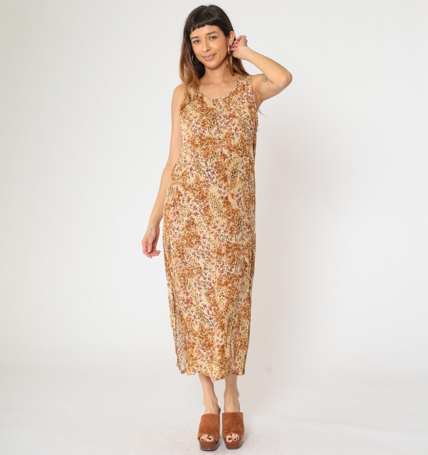 90s Kathie Lee Leopard Floral Midi Dress High Waist Sleeveless Beige Burnt Orange Medium