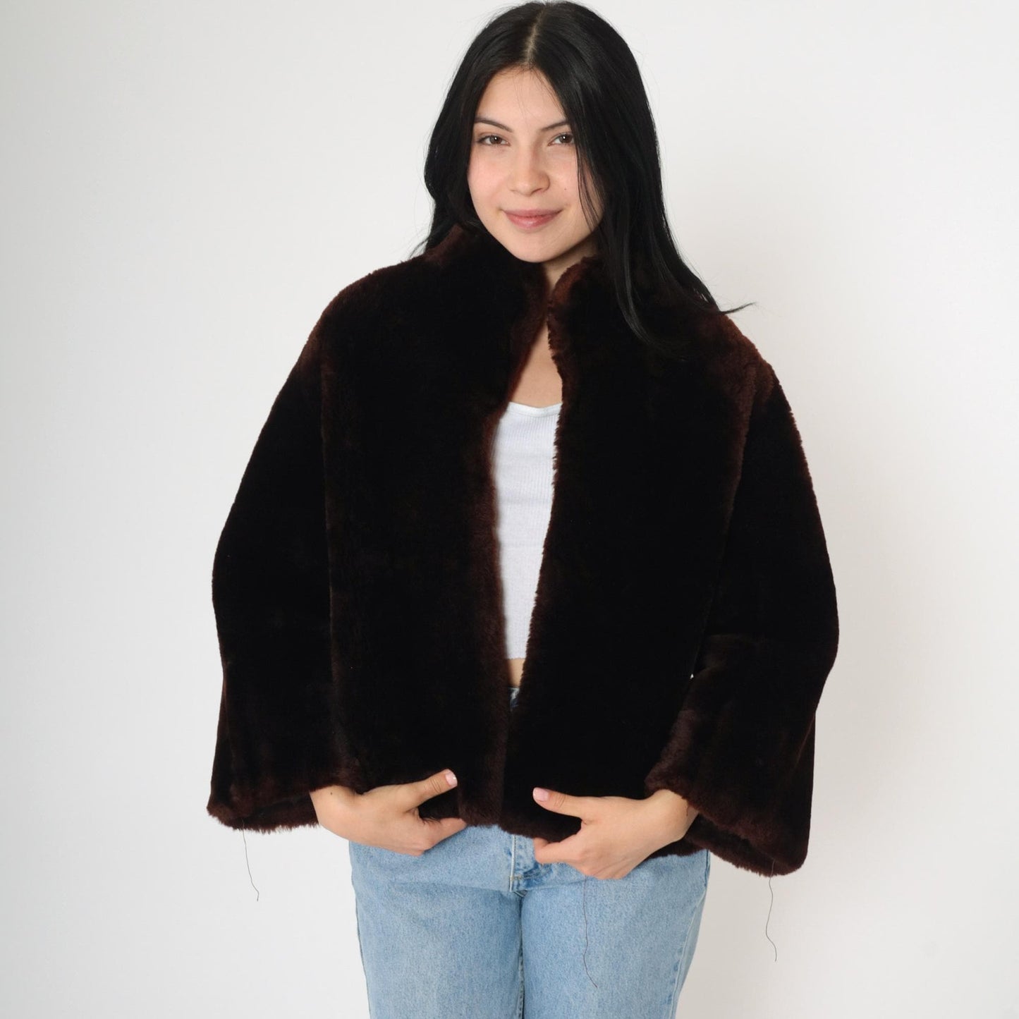 70s Brown Fur Jacket Cape Silhouette Bell Sleeve Open Front Small