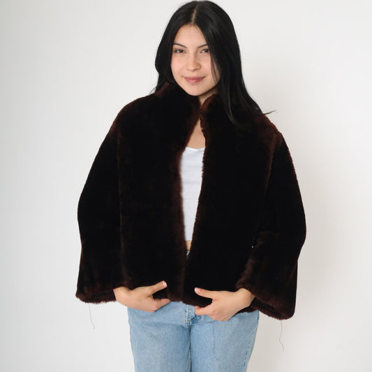 70s Brown Fur Jacket Cape Silhouette Bell Sleeve Open Front Small