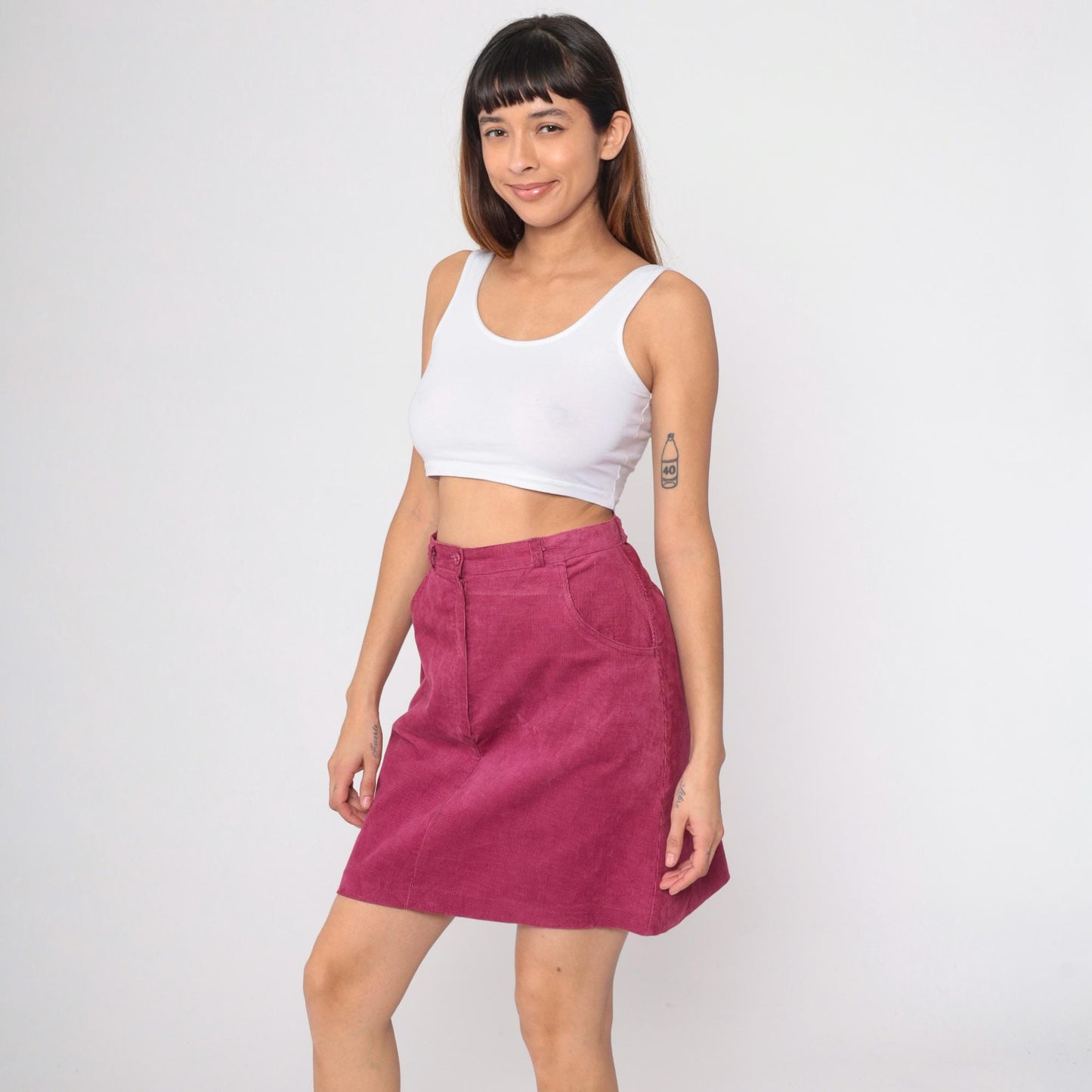 80s Corduroy Mini Skirt High Waist A-Line Pink Medium