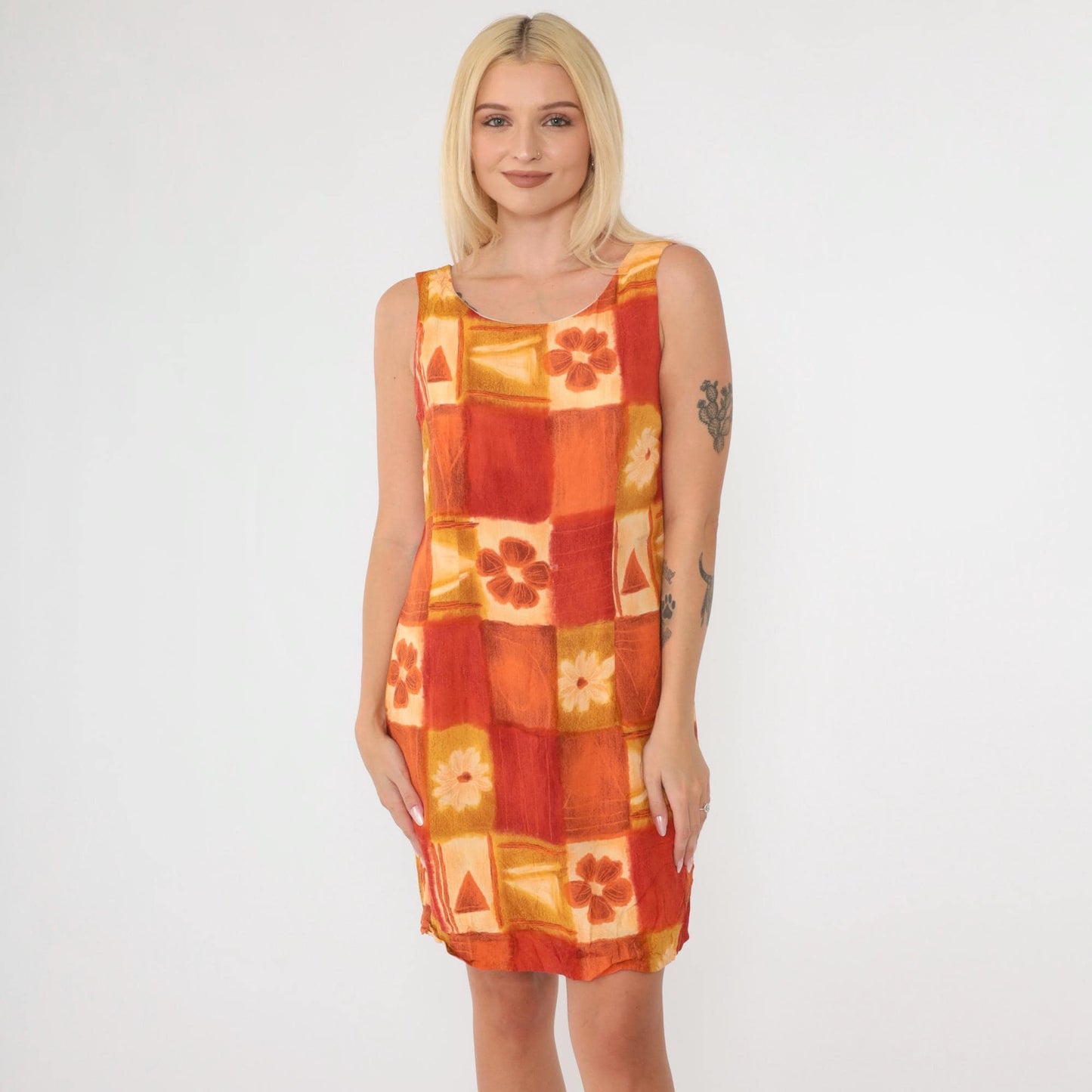 90s Jeffrey & Dara Geometric Floral Mini Dress Sleeveless Yellow Orange Small