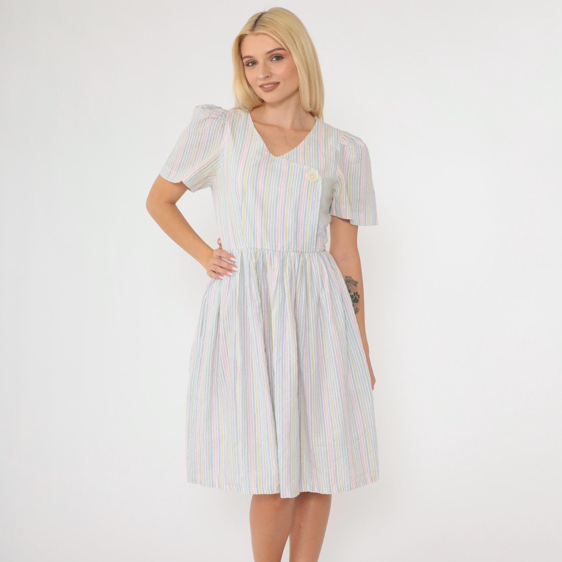 80s Striped Puff Sleeve Dress High Waisted Button Front Midi Green Pink Blue Extra Small
