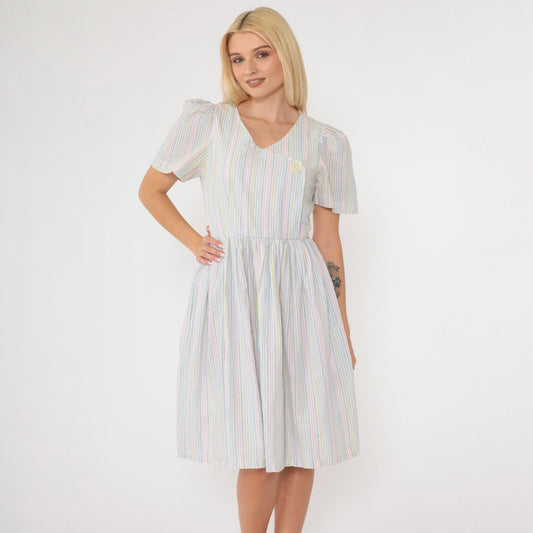 80s Striped Puff Sleeve Dress High Waisted Button Front Midi Green Pink Blue Extra Small