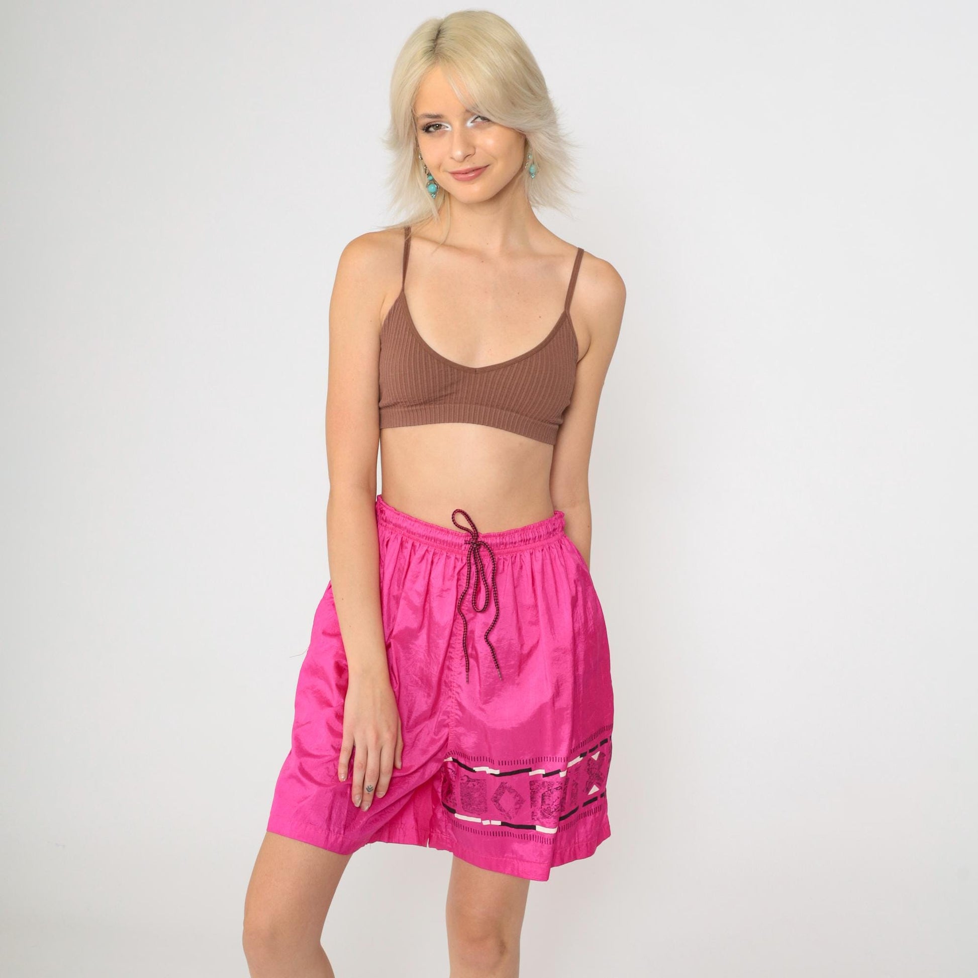 90s Hot Pink Nylon Athletic Shorts Drawstring Unlined Medium M