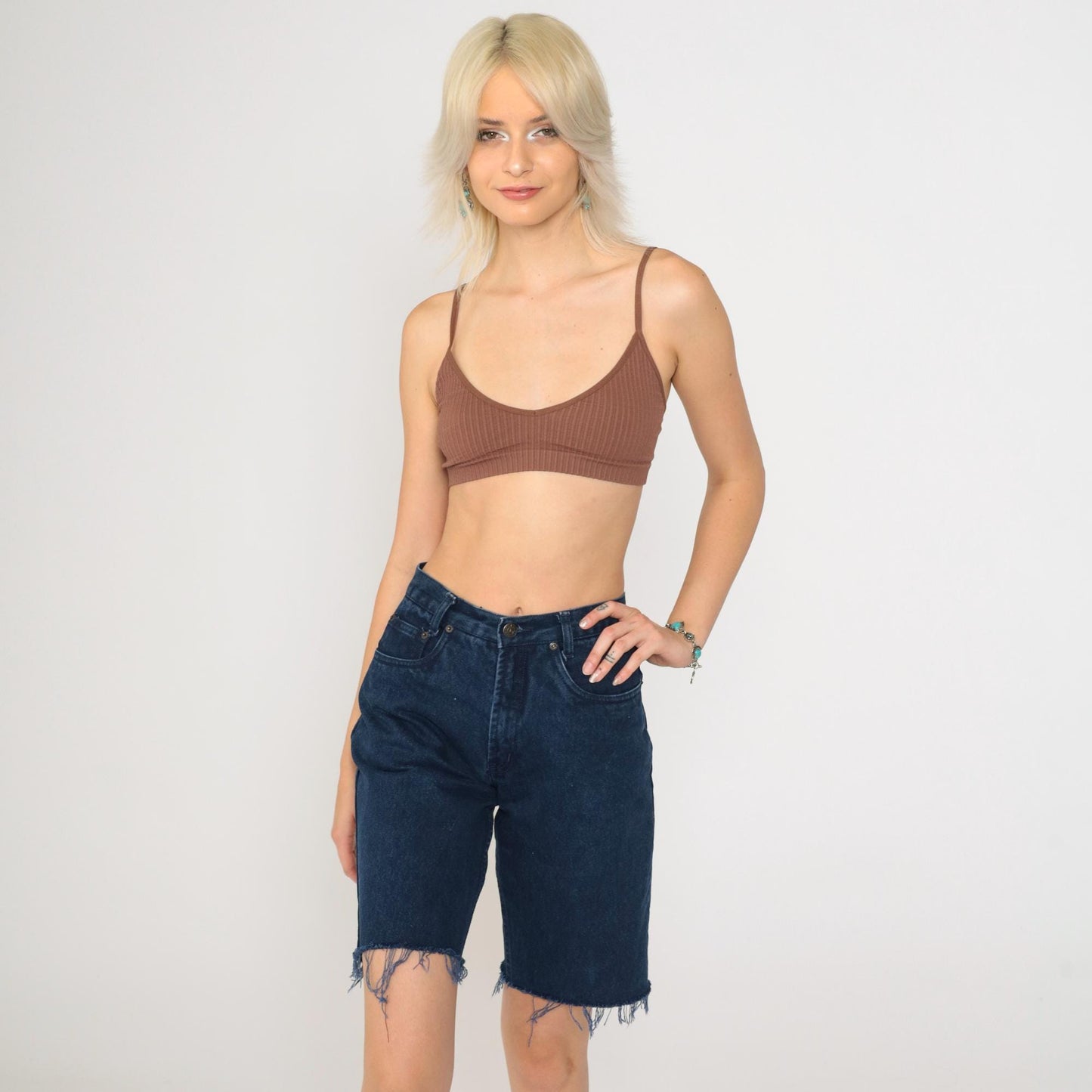 90s Dark Blue Denim Cut-Off Shorts High Waisted Bermuda Frayed Hem Extra Small