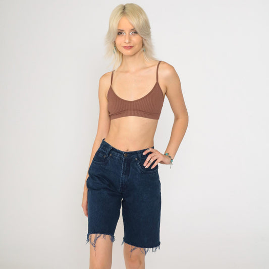 90s Dark Blue Denim Cut-Off Shorts High Waisted Bermuda Frayed Hem Extra Small