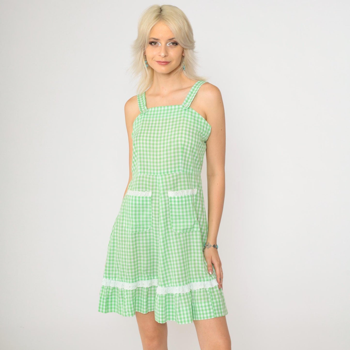 70s Green Gingham Prairie Sundress Eyelet Lace Trim Mini Small