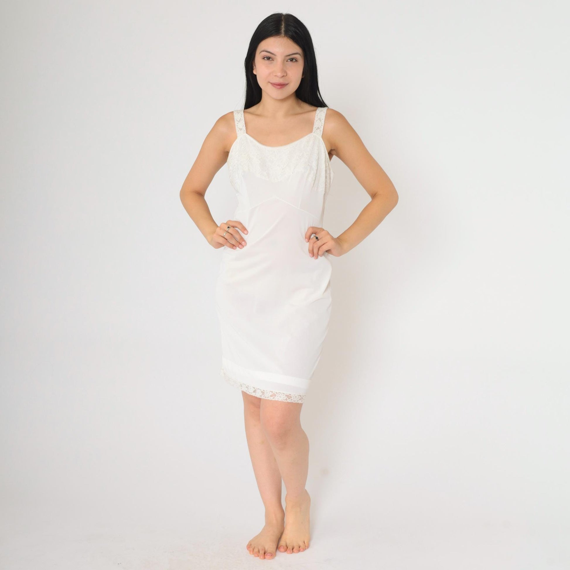 70s Charmante White Lace Slip Dress Scoop Neck Spaghetti Strap Mini Small