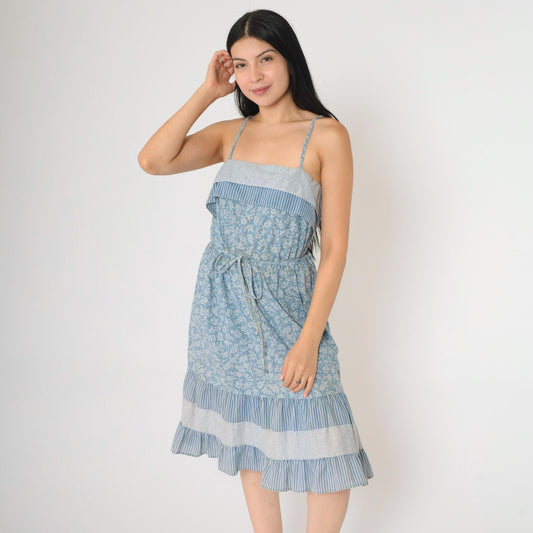 70s Floral Blue Tiered Sundress Spaghetti Strap High Waist Knee Length Small