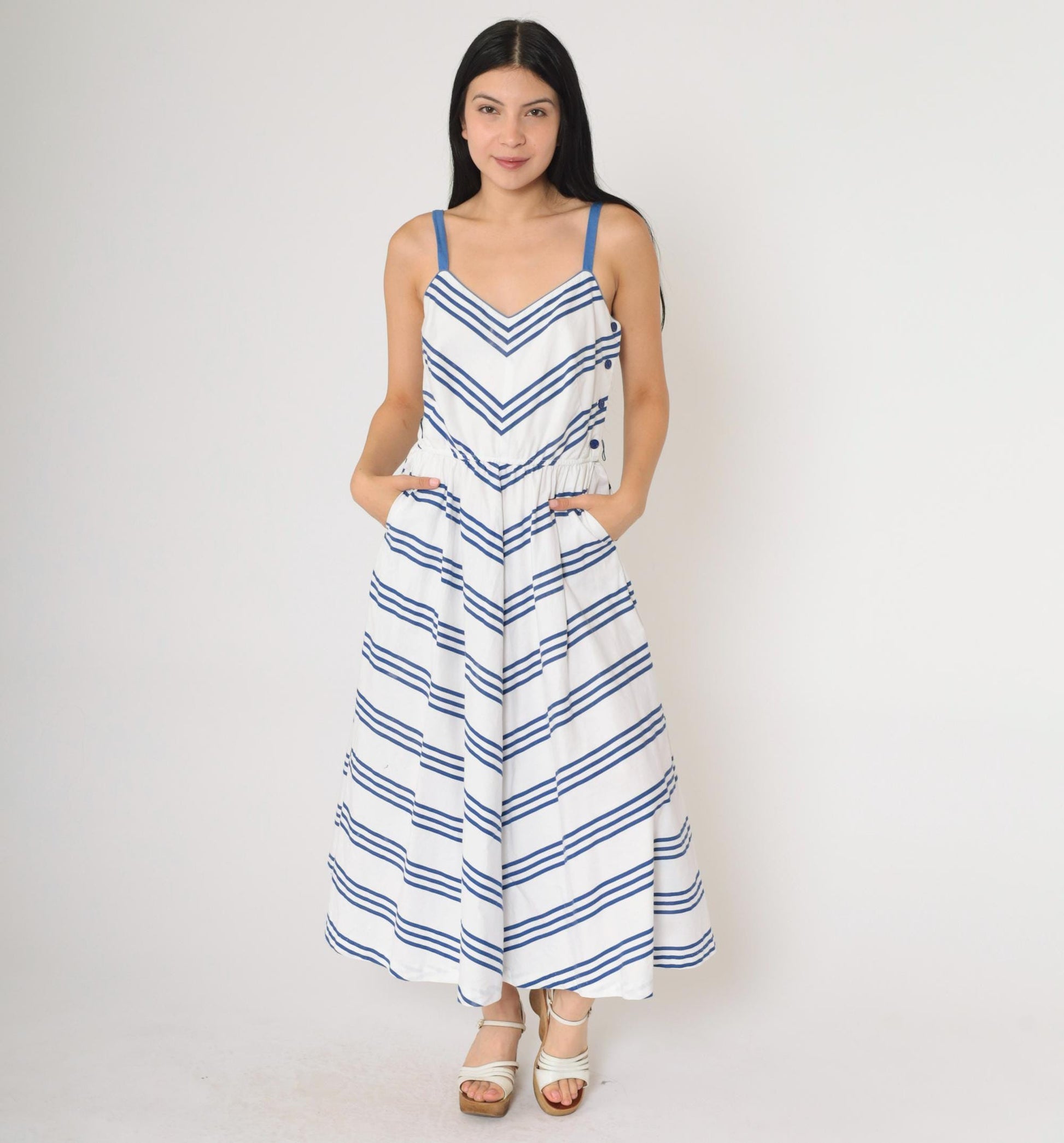 70s Lanz Originals Chevron Midi Sundress Blue White High Waist Small