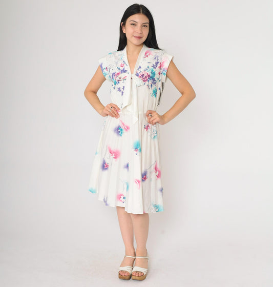 70s Floral Ascot Midi Dress White Cap Sleeve High Waist Pleated Small