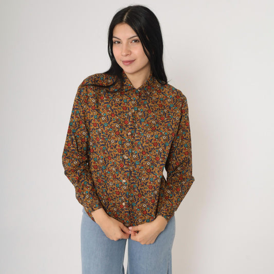 Y2K Levi's Dockers Floral Button-Up Blouse Brown Cotton Long Sleeve Small