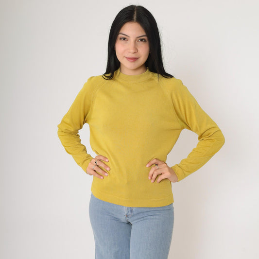 70s Chartreuse Nylon Knit Pullover Crewneck Raglan Sweater Medium