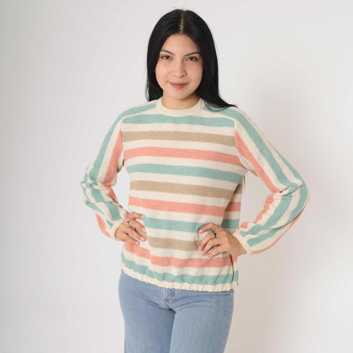 80s Dalton Striped Knit Sweater Raglan Pullover Cream Seafoam Peach Small