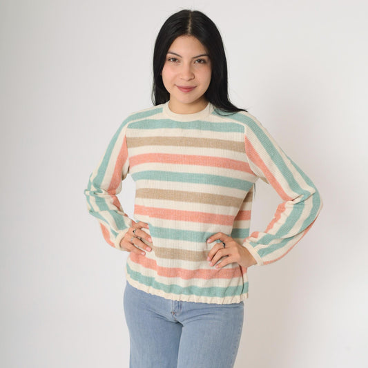 80s Dalton Striped Knit Sweater Raglan Pullover Cream Seafoam Peach Small